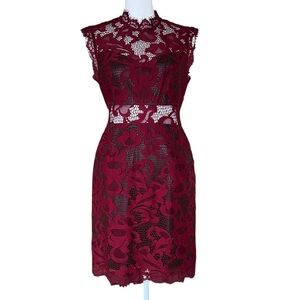Forever 21 Burgundy Lace Bodycon Dress Mock Neck Sheer Panel M Party